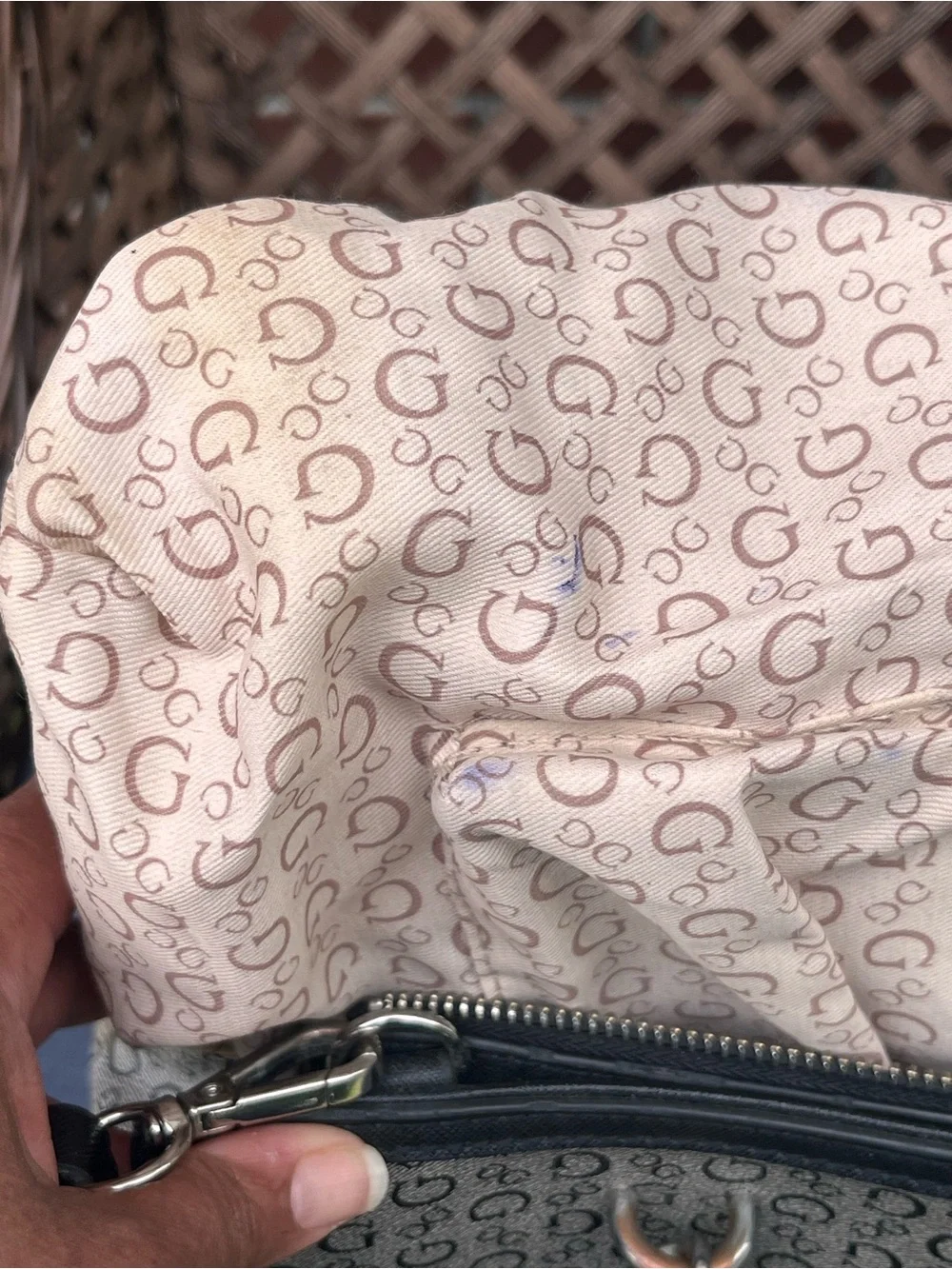 GUESS Beige Monogram Satchel with Black Braided Handles